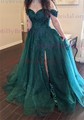 Ball Gown/Princess Off-the-shoulder Tulle Glitter Floor-length Prom Dresses With Appliques Lace