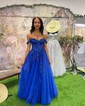 Ball Gown/Princess Off-the-shoulder Tulle Glitter Floor-length Prom Dresses With Appliques Lace