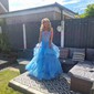 Ball Gown/Princess Off-the-shoulder Glitter Sweep Train Prom Dresses With Appliques Lace