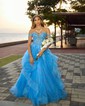 Ball Gown/Princess Off-the-shoulder Glitter Sweep Train Prom Dresses With Appliques Lace