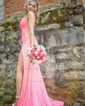 Sheath/Column V-neck Sequined Sweep Train Prom Dresses With Appliques Lace