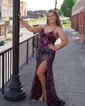 Trumpet/Mermaid V-neck Velvet Sequins Sweep Train Prom Dresses With Split Front