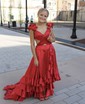 Unique A-line Satin V-neck Cut Out Ruffle Prom Dresses