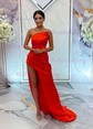 Sheath/Column Sweep Train Straight Silk-like Satin Split Front Prom Dresses