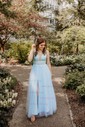 A-line V-neck Tulle Floor-length Prom Dresses With Beading