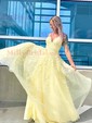 Ball Gown/Princess Floor-length V-neck Tulle Glitter Appliques Lace Prom Dresses