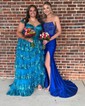 Ball Gown/Princess Off-the-shoulder Tulle Sweep Train Prom Dresses With Appliques Lace