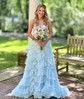 Ball Gown/Princess V-neck Tulle Sweep Train Prom Dresses With Appliques Lace