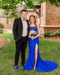 Elegant Sheath/Column Satin Beaded Ruched Prom Dresses