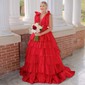 Puffy Ball Gown/Princess Taffeta V-neck Tiered Split Prom Dresses