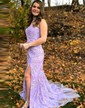 Sheath/Column Straight Lace Tulle Sweep Train Prom Dresses With Appliques Lace