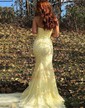 Sheath/Column Strapless Lace Tulle Prom Dresses With Appliques