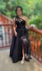 A-line One Shoulder Tulle Glitter Sweep Train Prom Dresses With Flower(s)