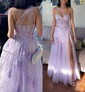 A-line One Shoulder Tulle Glitter Sweep Train Prom Dresses With Flower(s)