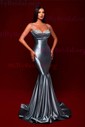 Trumpet/Mermaid V-neck Silk-like Satin Sweep Train Prom Dresses With Beading