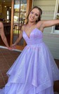 Ball Gown V-neck Glitter Floor-length Prom Dresses With Cascading Ruffles