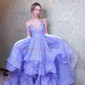 Ball Gown V-neck Glitter Floor-length Prom Dresses With Cascading Ruffles