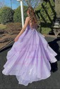 Ball Gown V-neck Glitter Floor-length Prom Dresses With Cascading Ruffles