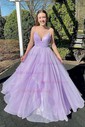 Ball Gown V-neck Glitter Floor-length Prom Dresses With Cascading Ruffles