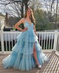 Ball Gown/Princess V-neck Tulle Glitter Sweep Train Prom Dresses With Tiered