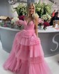 Ball Gown/Princess V-neck Tulle Glitter Sweep Train Prom Dresses With Tiered