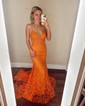 Trumpet/Mermaid V-neck Lace Sweep Train Prom Dresses With Appliques Lace