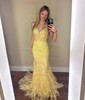 Trumpet/Mermaid V-neck Lace Sweep Train Prom Dresses With Appliques Lace