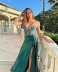 Corset Sheath/Column Satin V-neck Beaded Split Prom Dresses