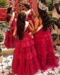 Ball Gown/Princess V-neck Tulle Glitter Sweep Train Prom Dresses With Tiered