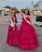 Ball Gown/Princess V-neck Tulle Glitter Sweep Train Prom Dresses With Tiered