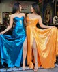 Sparkly A-line Metallic Sweetheart Ruched Split Prom Dresses