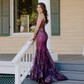 Trumpet/Mermaid V-neck Tulle Sweep Train Prom Dresses With Appliques Lace