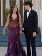 Trumpet/Mermaid V-neck Tulle Sweep Train Prom Dresses With Appliques Lace