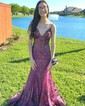 Trumpet/Mermaid V-neck Tulle Sweep Train Prom Dresses With Appliques Lace