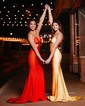 Trumpet/Mermaid V-neck Jersey Sweep Train Beading Prom Dresses