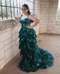 Ball Gown/Princess Off-the-shoulder Tulle Sweep Train Prom Dresses With Appliques Lace