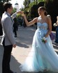 Ball Gown/Princess One Shoulder Tulle Glitter Sweep Train Prom Dresses With Appliques Lace