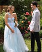 Ball Gown/Princess One Shoulder Tulle Glitter Sweep Train Prom Dresses With Appliques Lace