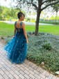 Ball Gown/Princess V-neck Tulle Sweep Train Prom Dresses With Sashes / Ribbons