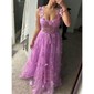 Ball Gown/Princess V-neck Tulle Sweep Train Prom Dresses With Sashes / Ribbons