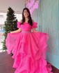 Ball Gown/Princess Off-the-shoulder Organza Sweep Train Prom Dresses With Ruffles