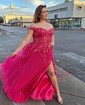 Ball Gown/Princess Off-the-shoulder Tulle Glitter Sweep Train Prom Dresses With Appliques Lace