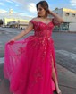 Ball Gown/Princess Off-the-shoulder Tulle Glitter Sweep Train Prom Dresses With Appliques Lace