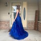 Ball Gown/Princess Scoop Neck Lace Tulle Sweep Train Prom Dresses With Beading