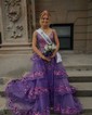 Ball Gown/Princess V-neck Glitter Watteau Train Prom Dresses With Appliques Lace