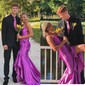 Elegant Sheath/Column Satin Bow Ruffle Prom Dresses