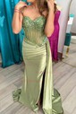 Trumpet/Mermaid Sweetheart Silk-like Satin Sweep Train Prom Dresses With Split Front