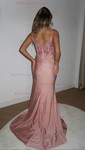 Petite Sheath/Column Jersey V-neck Appliques Ruched Prom Dresses