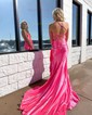 Modest Sheath/Column Satin V-neck Bow Ruffle Prom Dresses