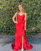 Modest Sheath/Column Satin V-neck Bow Ruffle Prom Dresses